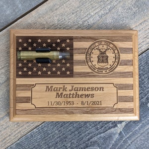 Personalized Military Funeral Memorial Plaque 5 x 7 Red Alder Wood - Holds Spent Casing from Funeral Volley