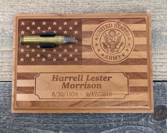 Military Funeral Memorial Plaque  - Holds Spent Casing from Funeral Volley - 5 x 7 Cherry
