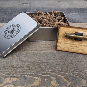 Personalized Military Funeral Memorial Wood Plaque in Commemorative Tin Box - Holds Spent Casing from Funeral Volley