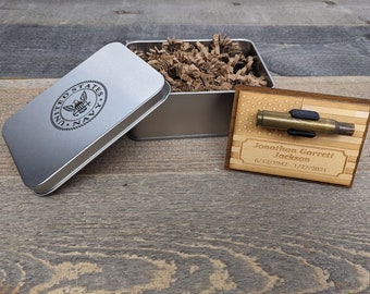 Personalized Military Funeral Memorial Wood Plaque in Commemorative Tin Box - Holds Spent Casing from Funeral Volley
