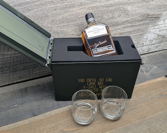 Custom US Military Ammo Can Whiskey Gift Set with Personalized Rocks Glasses | Bottle Holder