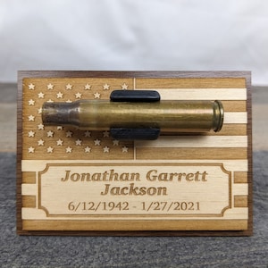 Military Funeral Memorial Wood Plaque with Stand - Holds Spent Casing from Funeral Volley - 3.75&quot; Personalized