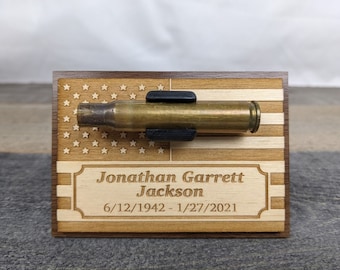 Military Funeral Memorial Wood Plaque with Stand - Holds Spent Casing from Funeral Volley - 3.75" Personalized