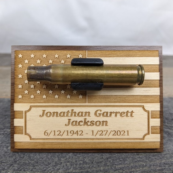 3.75" Personalized Military Funeral Memorial Wood Plaque with Stand - Holds Spent Casing from Funeral Volley