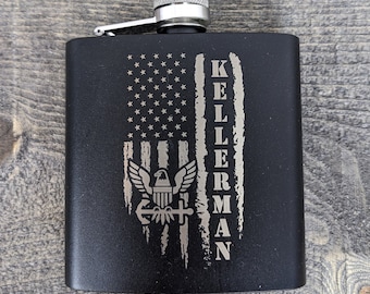 Military Flask Personalized - Flag Design - 6 oz Black Powder Coated Stainless Steel