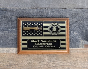 5 x 7 Cherry/Metal Personalized Military Funeral Memorial Plaque - Holds Spent Casing from Funeral Volley