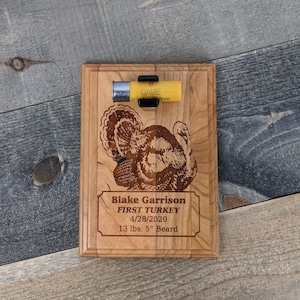 Personalized Turkey Hunting Plaque - Holds Spent Casing - 5 x 7 Cherry
