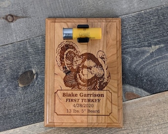 Personalized Turkey Hunting Plaque - Holds Spent Casing - 5 x 7 Cherry