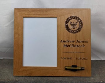 5x7 Red Alder Wood Personalized Military Funeral Memorial Frame - Holds Spent Casing from Funeral Volley