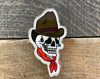 Acrylic Pin - Crying Cowboy Skull