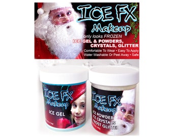 May include: Two white plastic jars with blue and red labels. The labels read "ICE FX Makeup" and "ICE GEL" and "ICE POWDER ICE CRYSTALS FROST GLITTER".