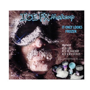 May include: A makeup kit called "ICE FX Makeup" with the slogan "IT ONLY LOOKS FROZEN." The kit contains ice gel, ice powder, and ice crystals. The image shows a person with ice makeup applied.