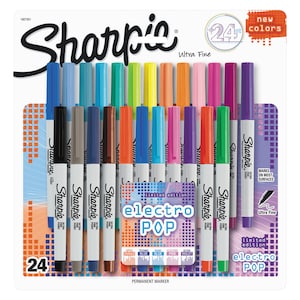 May include: A pack of 24 Sharpie Ultra Fine point permanent markers in various colours. The packaging features the text "electro POP" and "new colours". The markers are arranged in rows, with the Sharpie logo visible.