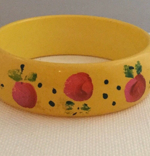 Vintage Bakelite Cherries Bangle Bracelet, Enamel… - image 1