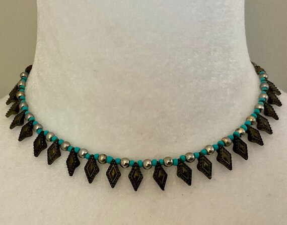 Vintage Southwest Fringed Choker, Turquoise Beads… - image 2