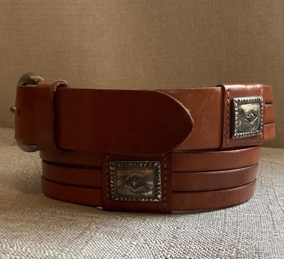 Vintage 80s Liz Claiborne Southwest Handtooled Native Concho Buckle Leather Belt Vintage Fossil Concho Leather Belt, Sunburst, Southwest  main image 4