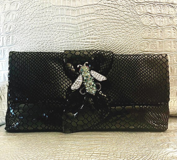Kenneth Jay Lane Black Suede Clutch, Snake Emboss… - image 2