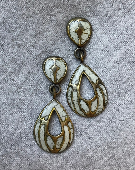 Vintage Mosaic Crackle Teardrop Earrings, Boho, B… - image 1