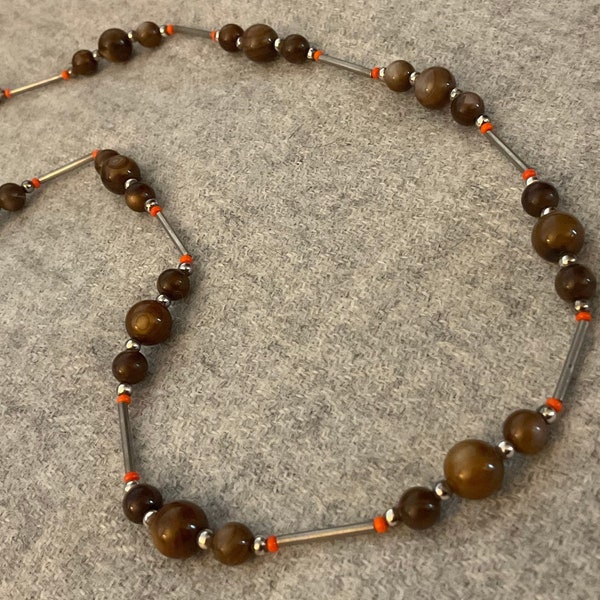 Vintage Brown Mother of Pearl Shell & Silver Bead Necklace, Orange Seed Beads, Jewelry, Long