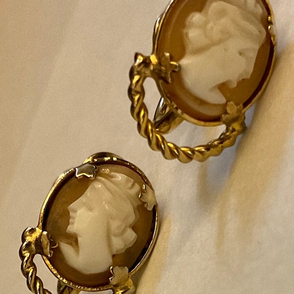 Antique 12K G.F. Cameo Earrings, Dixelle Signed Jewelry, Oval Cameos, Carved, Victorian