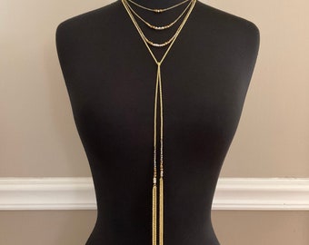 NAKAMOL Chain Fringe Lariat Layered Necklace, Vintage, Body, Jewelry, Tassel, Multi, Gold, Silver, Bronze