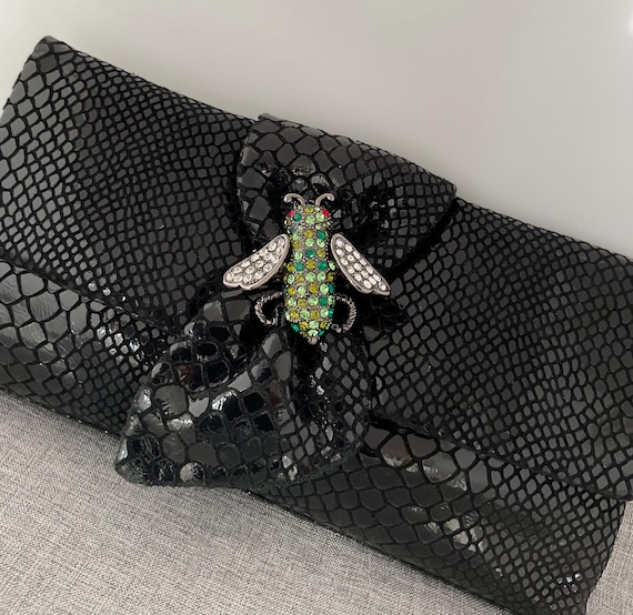 Kenneth Jay Lane Black Suede Clutch, Snake Emboss… - image 1
