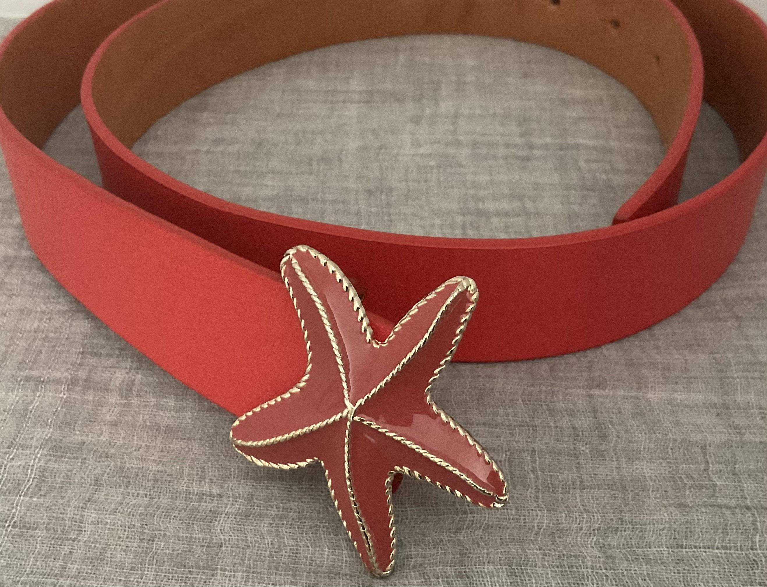 Vintage Starfish Buckle Leather Belt, Enamel, Seastar, Gold  display picture 2