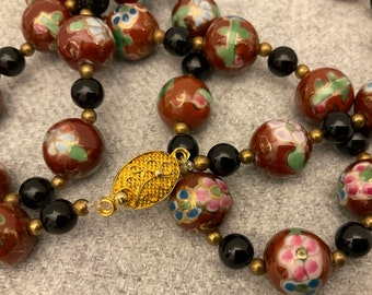 Vintage Chinese Porcelain Necklace & Earring Set, Faux Cloisonné, Ceramic Beads, Gold Clasp, Asian Jewelry