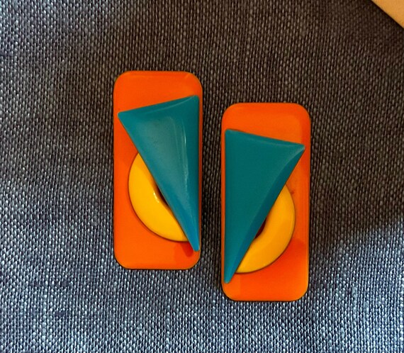 Groovy Vintage Enamel Geometric Earrings, Post, L… - image 1