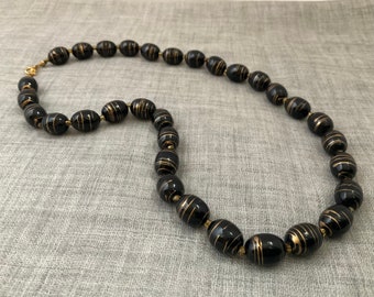 Gold Swirl Black Glass Vintage Beaded Necklace, Metallic, Stripe, Oval Beads, Mid-Century Jewelry