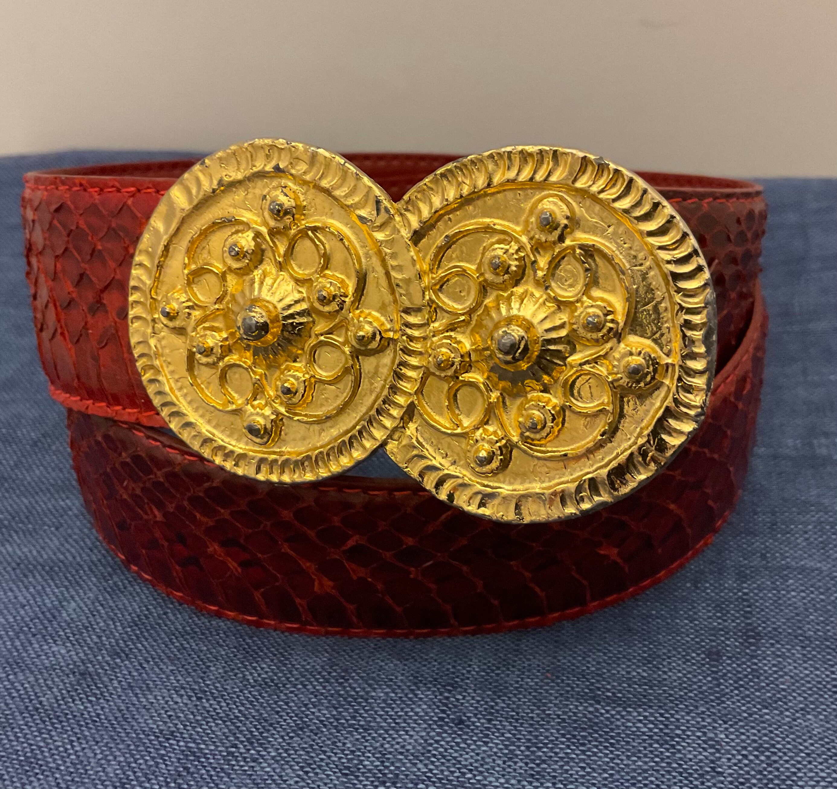 Byzantine Buckle Snakeskin Belt, Vintage, Reptile, Dark Red 