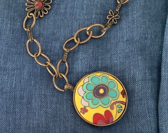 Lucky Brand Enamel Flower Pendant Necklace, Vintage, Jewelry, Signed, Chain, Hippie, Peace, Statement, Gift