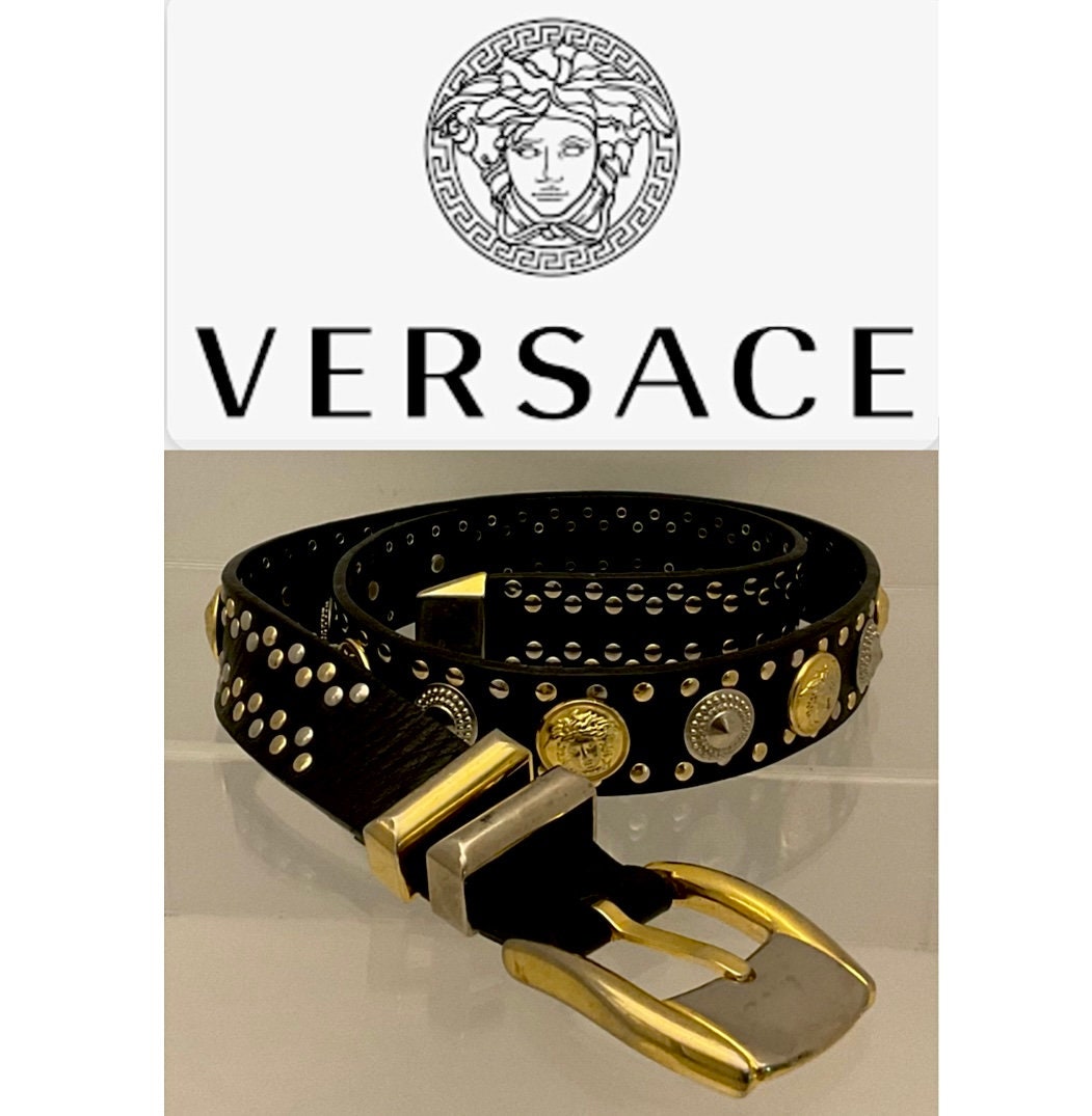 VERSACE Belt. Gianni Versace Vintage Black Leather and Silver Tone Medusa  Motive Waist Belt. Authentic Versace Belt.
