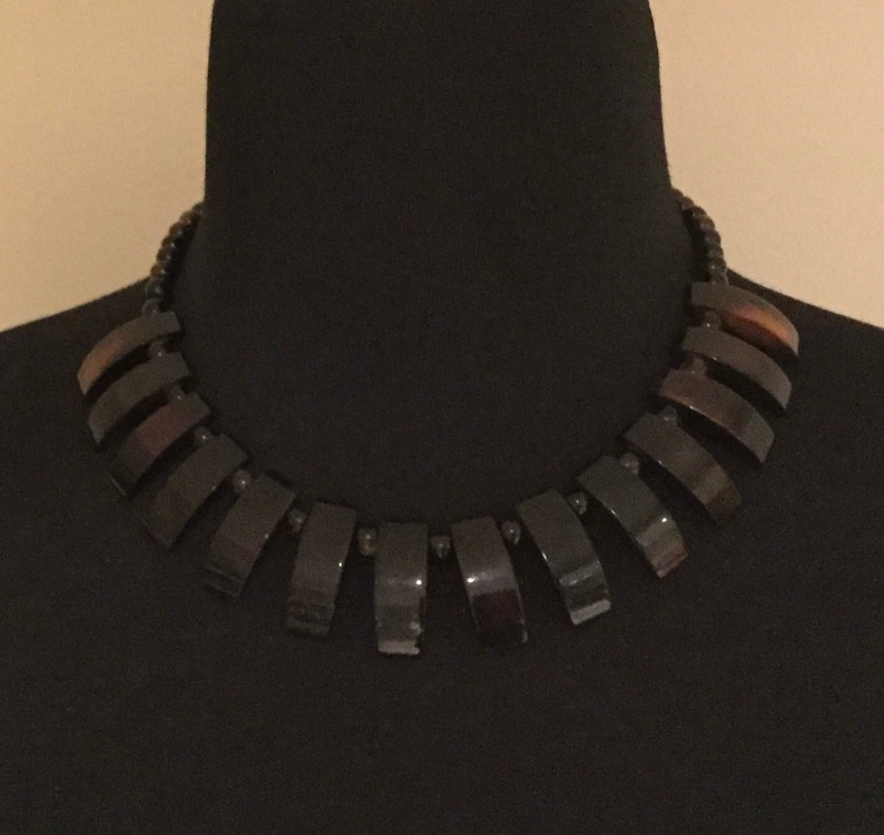 Vintage Tiger\u2019s Eye Bib Necklace Gemstone Necklace Egyptian Collar Fringe Pendants Beaded Necklace