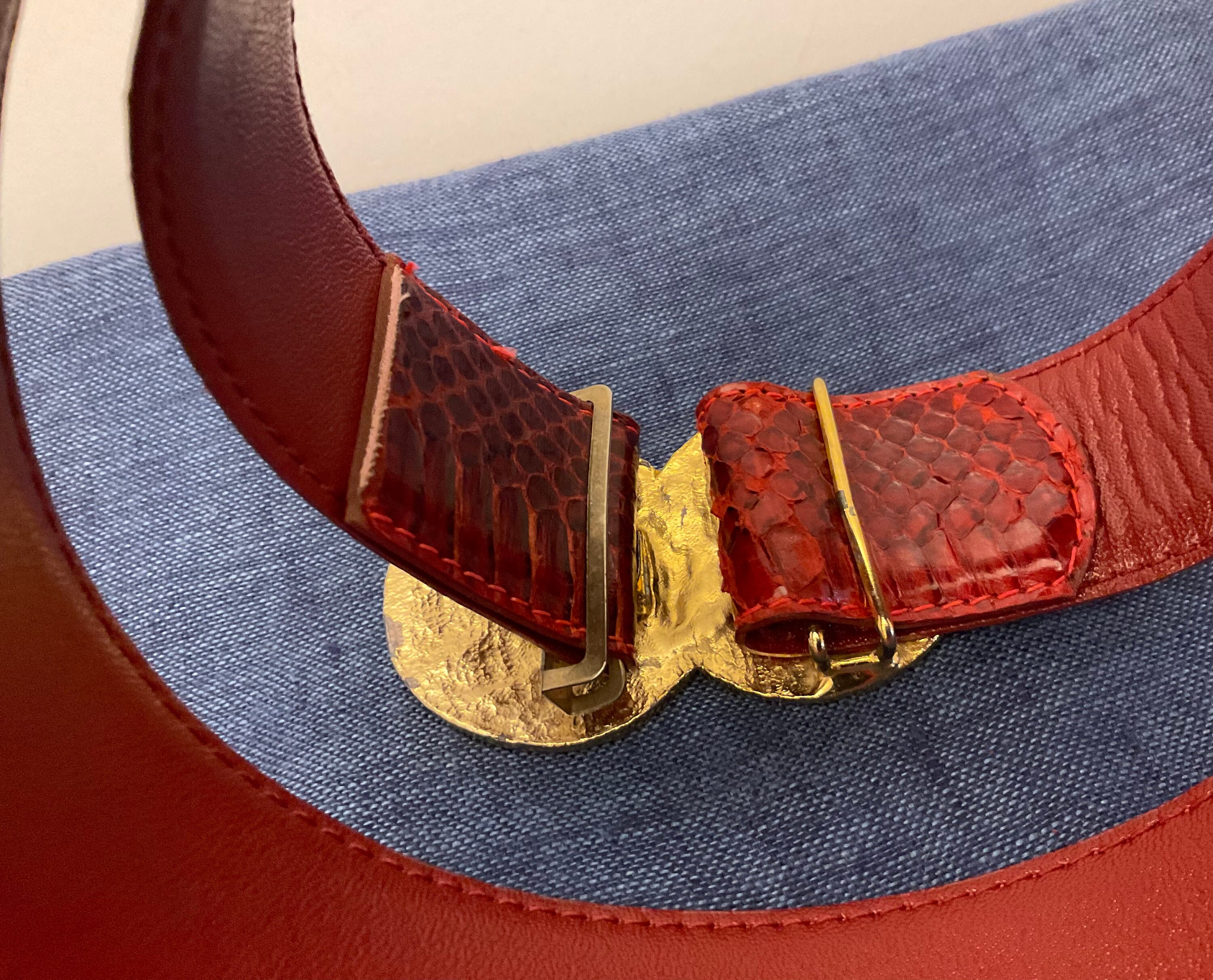 Byzantine Buckle Snakeskin Belt, Vintage, Reptile, Dark Red  display picture 1