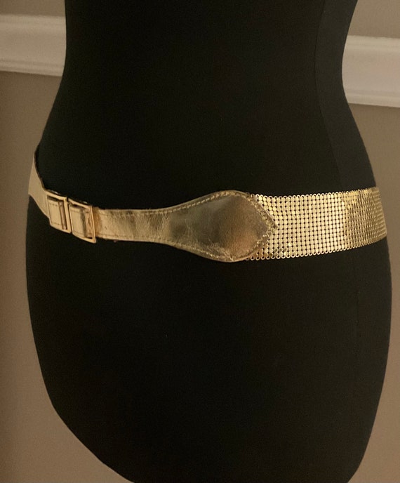 Whiting & Davis Gold Mesh and Leather Belt, Vinta… - image 4