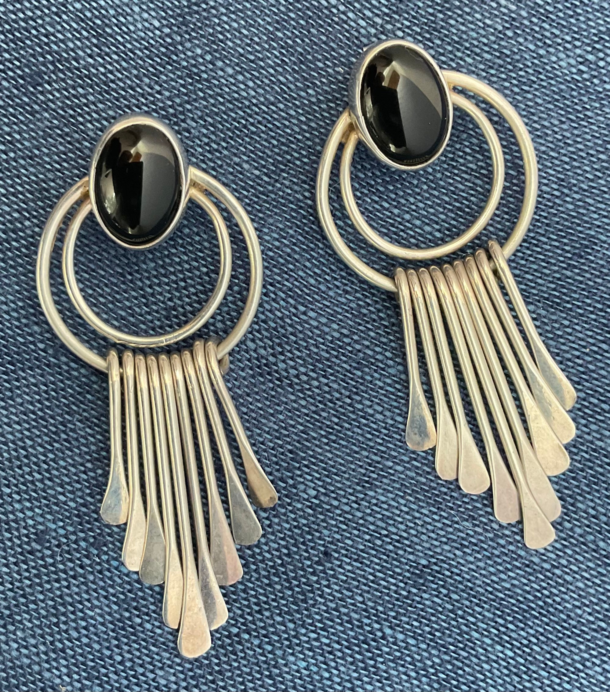 Vintage Mexico 925 Sterling Silver Onyx Fringe Earrings, Hallmarked TA-167, Paddle Fringe Hoops, Flash Sale!
