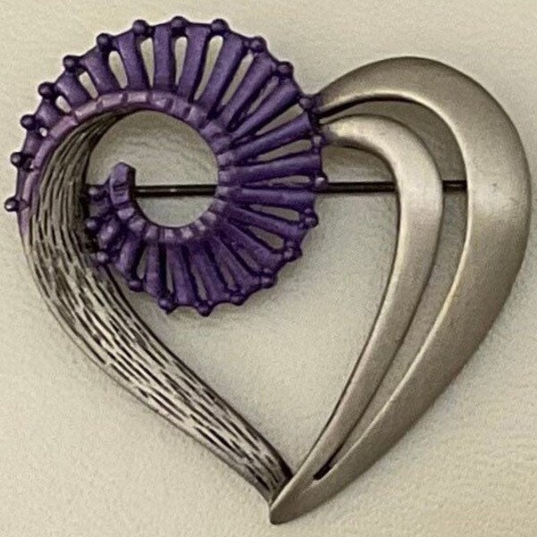Vintage JJ Heart Brooch, Purple Enamel, Brushed Pewter Tone, Signed, Jewelry, Love, Gift