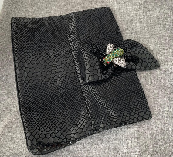 Kenneth Jay Lane Black Suede Clutch, Snake Emboss… - image 3