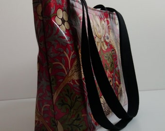 PVC Tote Bag in William Morris' Strawberry Thief Design - Red Zipped