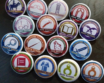 Adventure Companions buttons 1.25" / 32mm pin back badges/ Trixie Belden, Nancy Drew, Drizzt, Dent, Arya, Brienne, Frodo