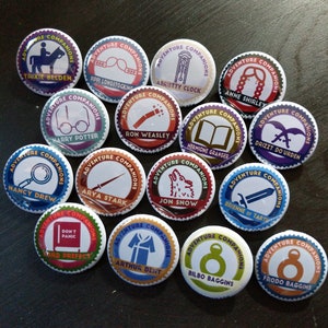 Adventure Companions buttons 1.25 / 32mm pin back badges/ Trixie Belden, Nancy Drew, Drizzt, Dent, Arya, Brienne, Frodo image 1