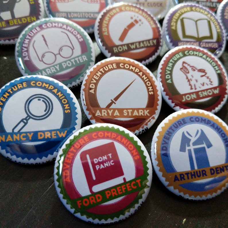 Adventure Companions buttons 1.25 / 32mm pin back badges/ Trixie Belden, Nancy Drew, Drizzt, Dent, Arya, Brienne, Frodo image 2