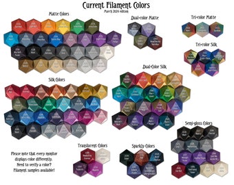 Filament color samples - over 100 colors and 9 textures to choose from! Be sure to get the color you want for your print - order a sample!