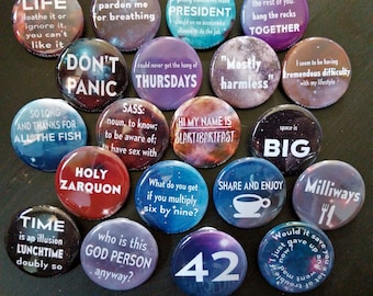 Hitchhiker's Guide to the Galaxy buttons 1.25" / 32mm pin back button/badge Don't Panic, 42 and more