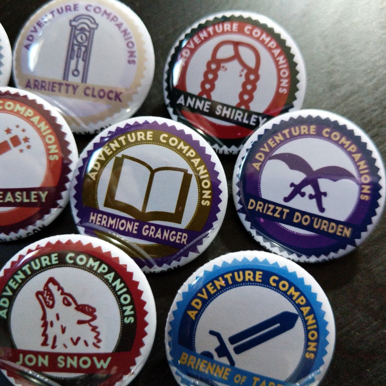 Adventure Companions buttons 1.25 / 32mm pin back badges/ Trixie Belden, Nancy Drew, Drizzt, Dent, Arya, Brienne, Frodo image 4