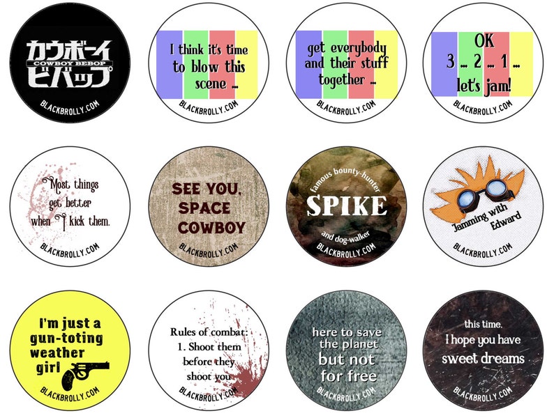 Complete set of 12 Cowboy Bebop buttons ON SALE 1.25 32mm pinback buttonbadge