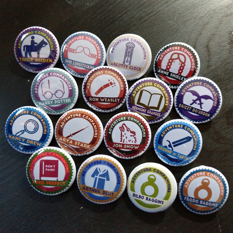 Adventure Companions buttons 1.25 / 32mm pin back badges/ Trixie Belden, Nancy Drew, Drizzt, Dent, Arya, Brienne, Frodo image 1