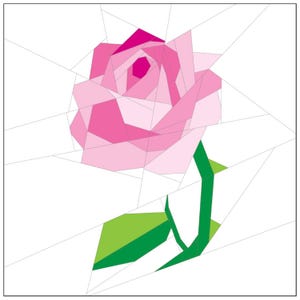 May include: A geometric illustration of a pink rose with a green stem and leaves. The rose is composed of various shades of pink, with a darker pink center. The stem and leaves are a vibrant green, set against a white background.