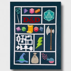 Puede incluir: Una impresión gráfica azul y blanca con una cuadrícula de varios símbolos de Dungeons and Dragons, incluyendo un dado de 20 caras, una espada, un sombrero de mago, un rollo y un rayo. El texto "D&D" está en rojo.